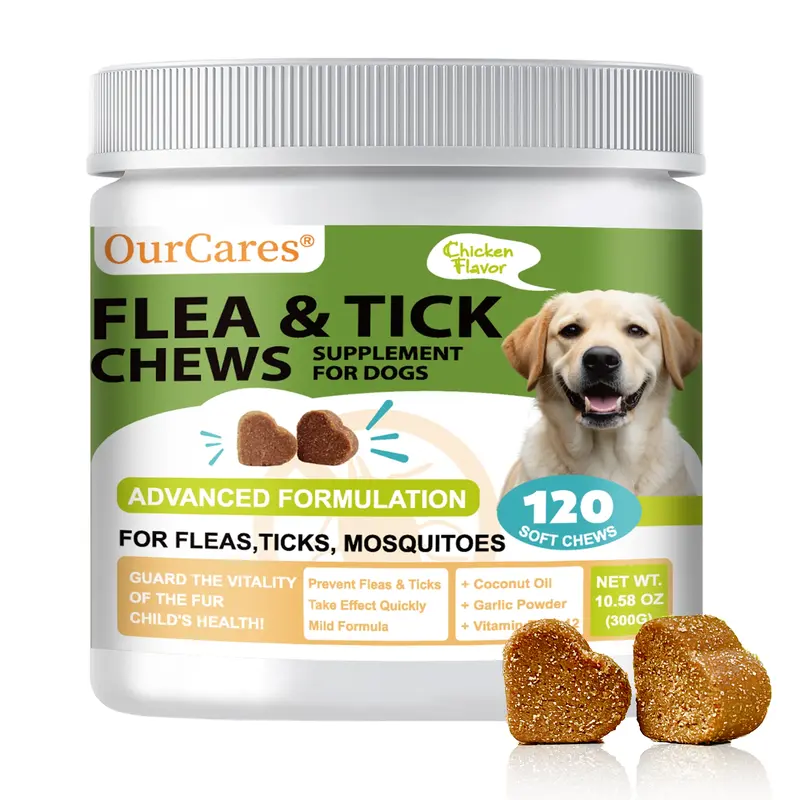 OURCARES Flea & Tick Prevention Support Chews for Dogs – Nutritional Supplement, Not a Treatment – 120Count, Plant-Based Chicken Flavor with Probiotics, Coconut Oil, Flaxseed & Fish Oil – For All Breeds and Ages