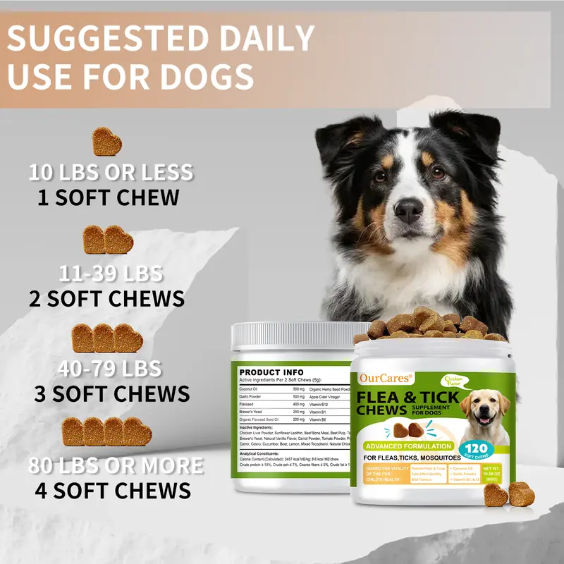 OURCARES Flea & Tick Prevention Support Chews for Dogs – Nutritional Supplement, Not a Treatment – 120Count, Plant-Based Chicken Flavor with Probiotics, Coconut Oil, Flaxseed & Fish Oil – For All Breeds and Ages